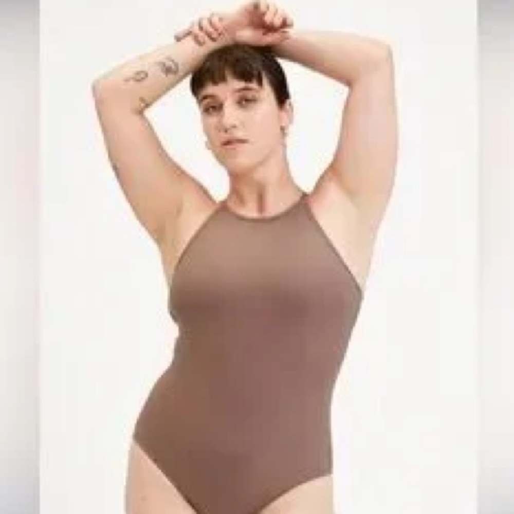 girlfriend collective Taupe Ribbed Bodysuit with Adjustable Straps